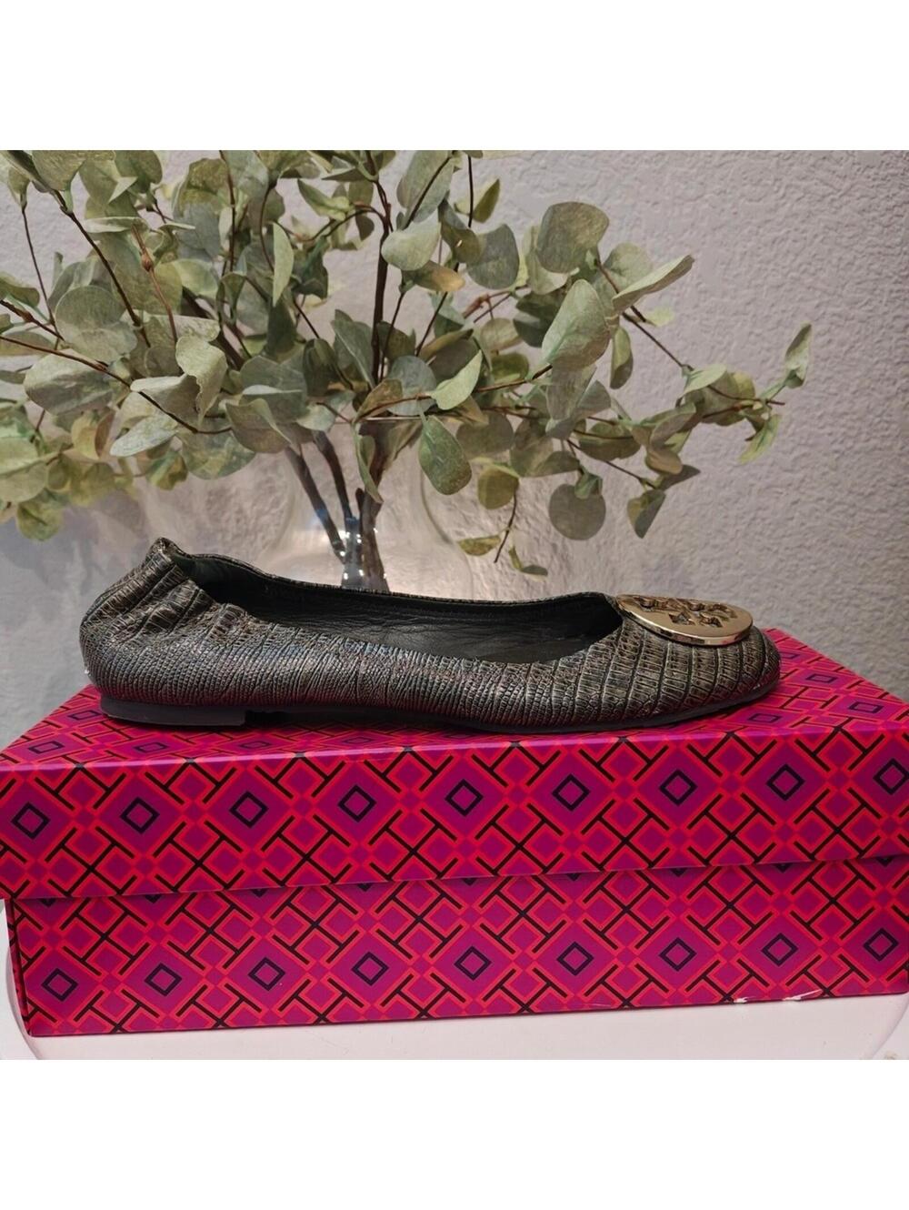 Tory Burch Reva Ballet Flat Snakeskin Leather Logo Grey Gold Snake 9